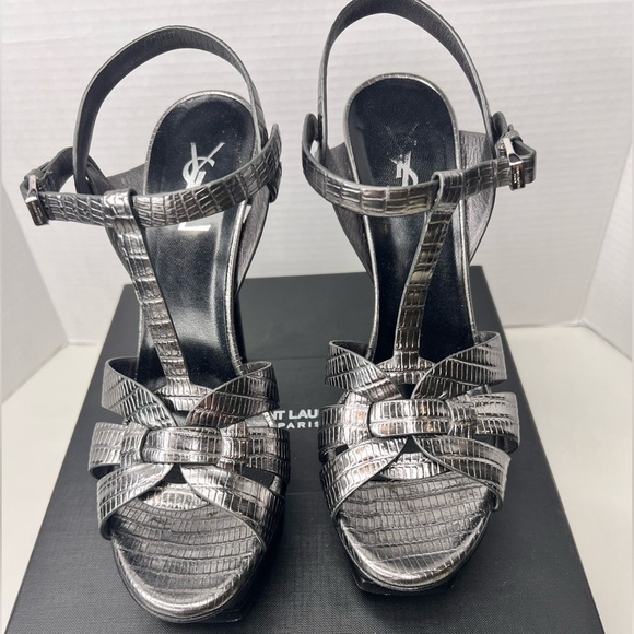 Saint Laurent YsL 105mm Tributes Grey Graphite Embossed Leather Size 40.5 /10.5 - Picture 2 of 9